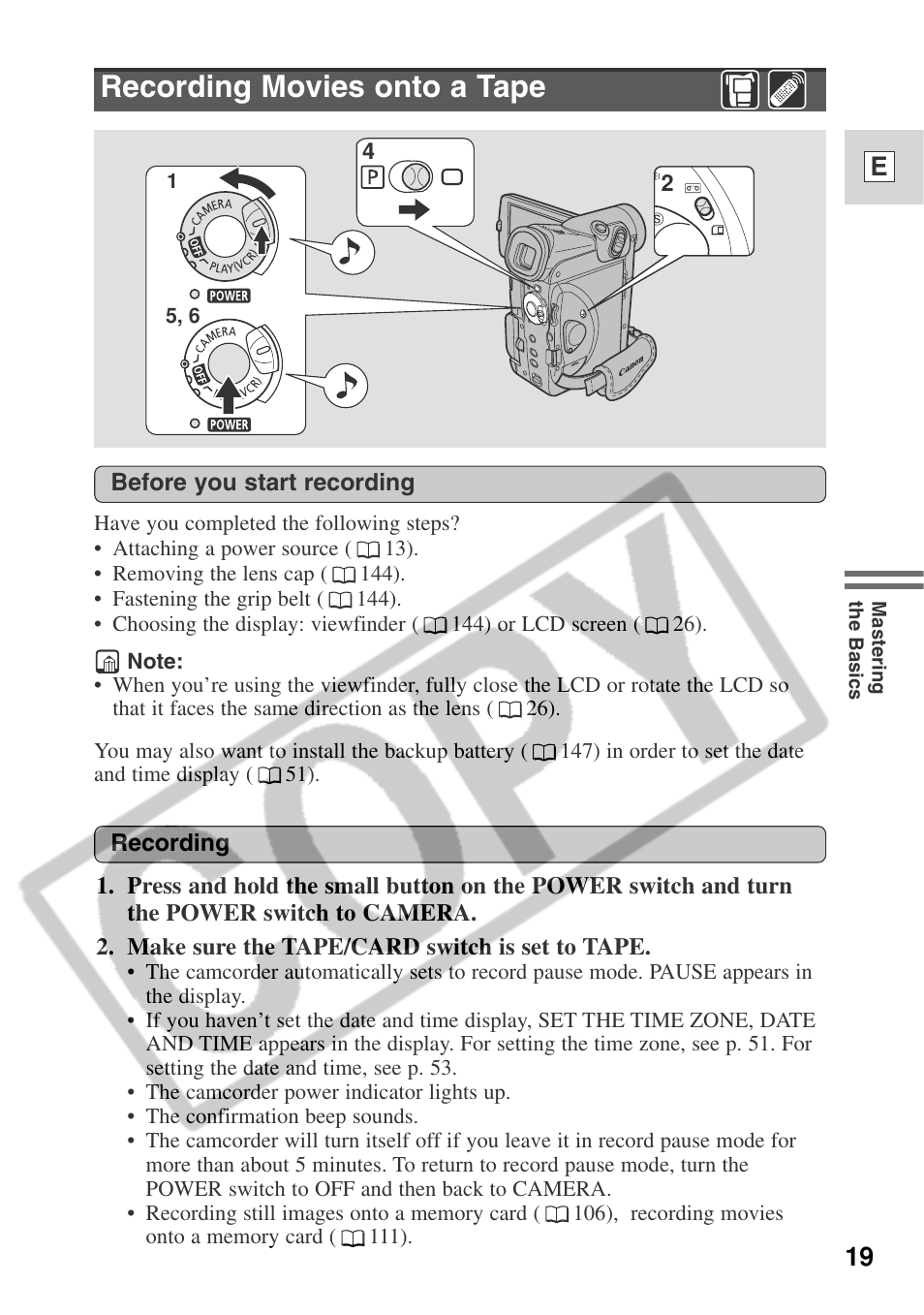 Recording movies onto a tape, 19 e | Canon ELURA 50 User Manual | Page 19 / 174