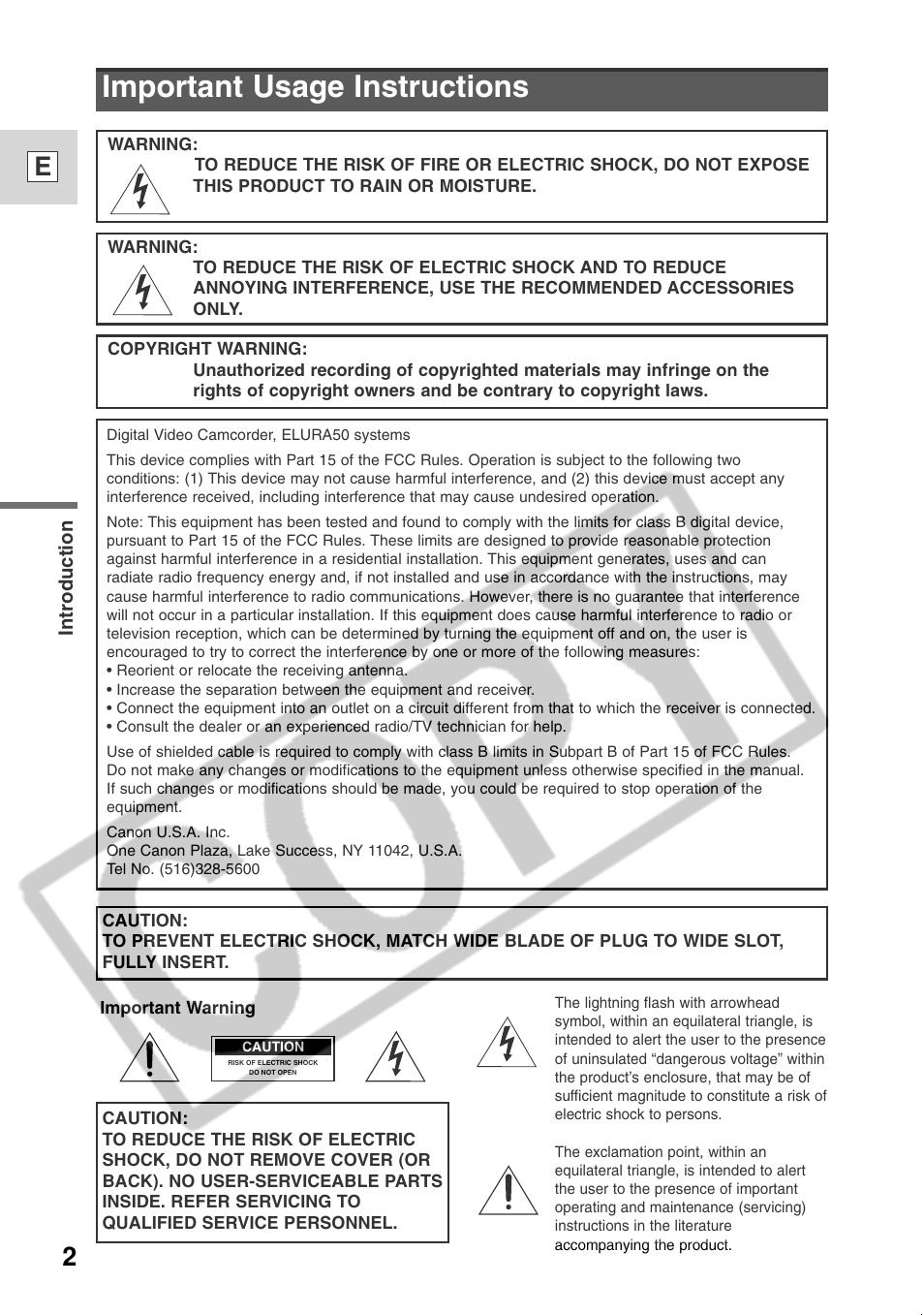 Important usage instructions | Canon ELURA 50 User Manual | Page 2 / 174