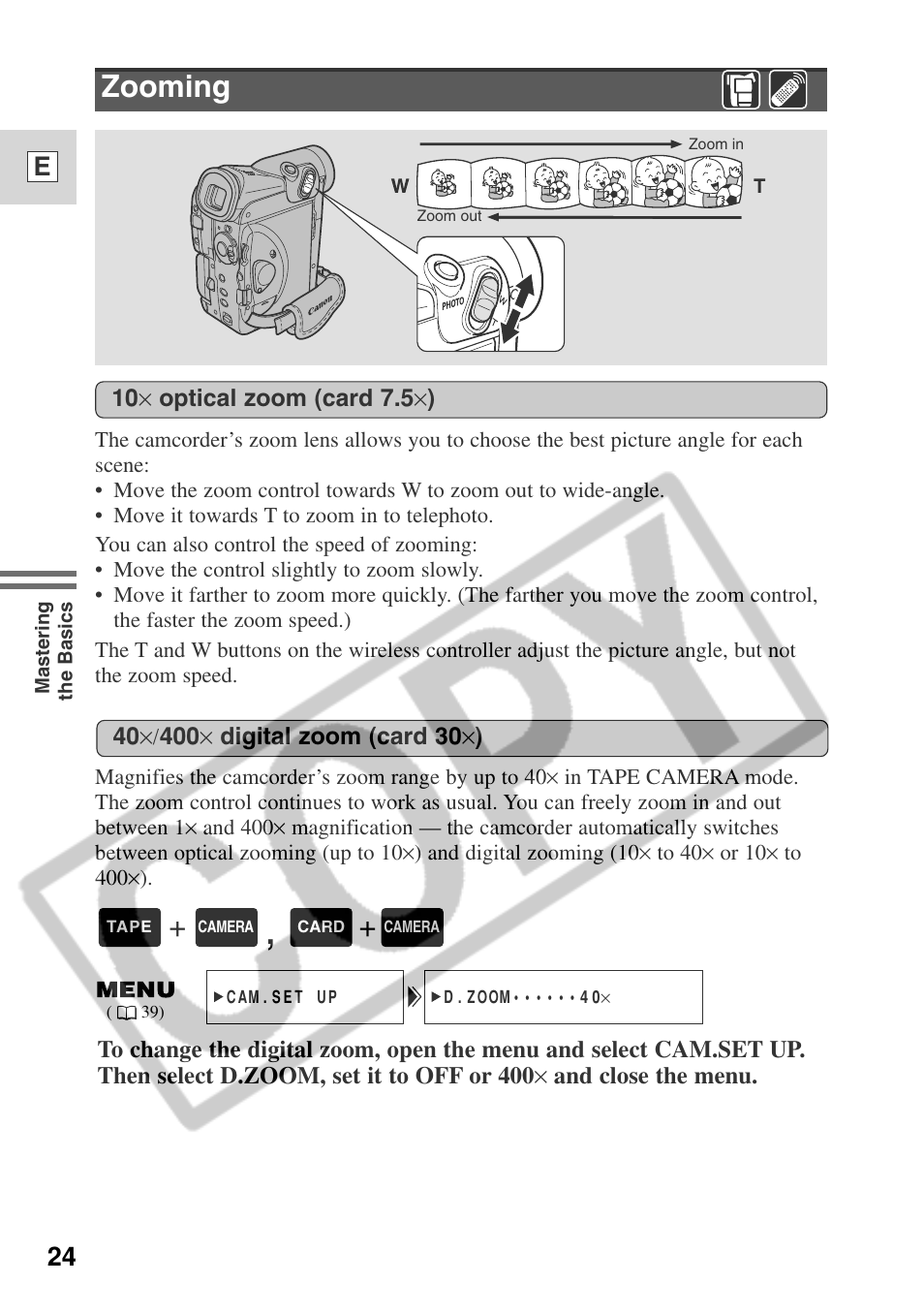 Zooming, 24 e | Canon ELURA 50 User Manual | Page 24 / 174
