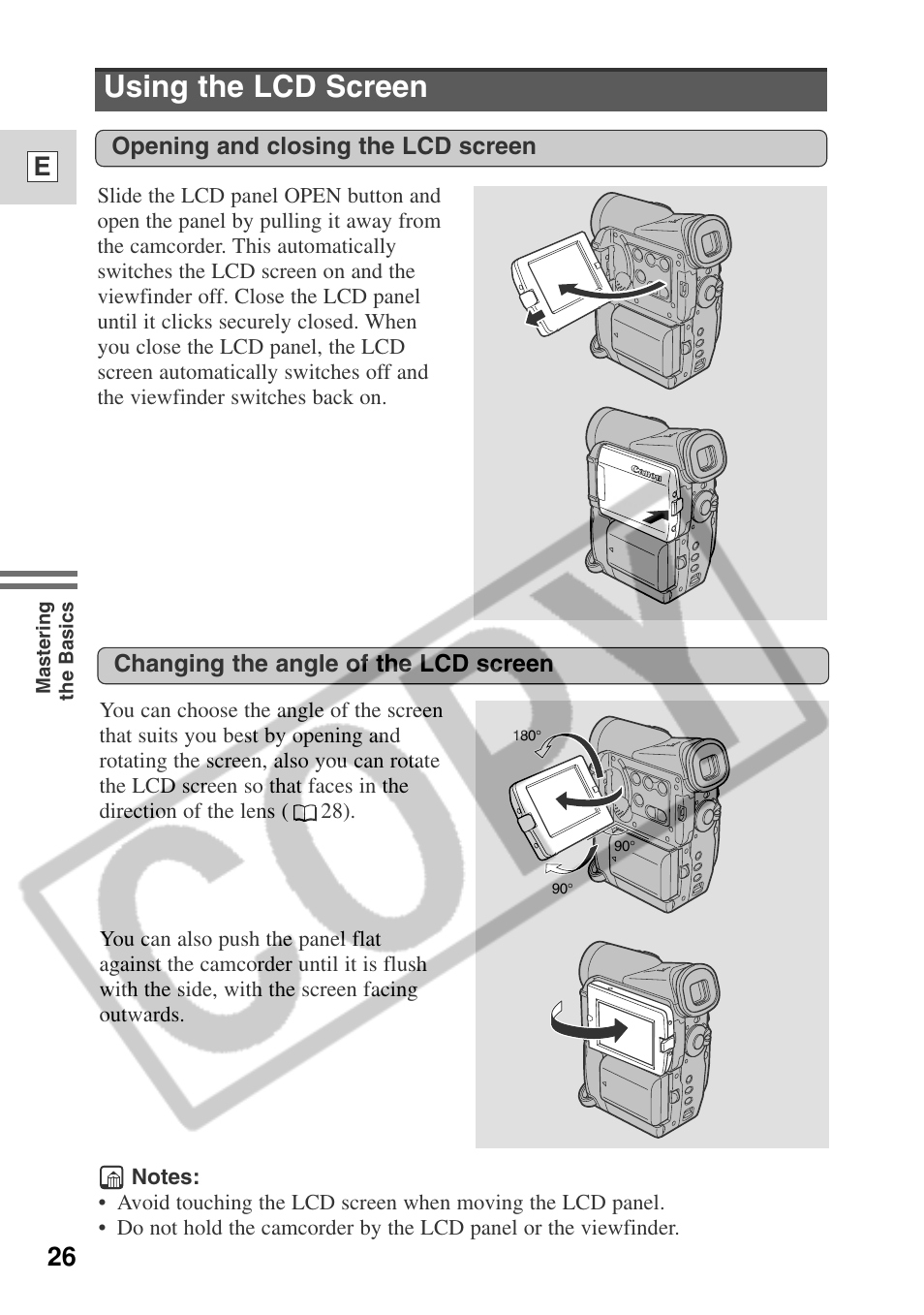 Using the lcd screen, 26 e | Canon ELURA 50 User Manual | Page 26 / 174