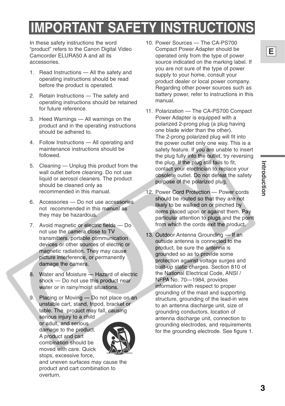 Important safety instructions | Canon ELURA 50 User Manual | Page 3 / 174