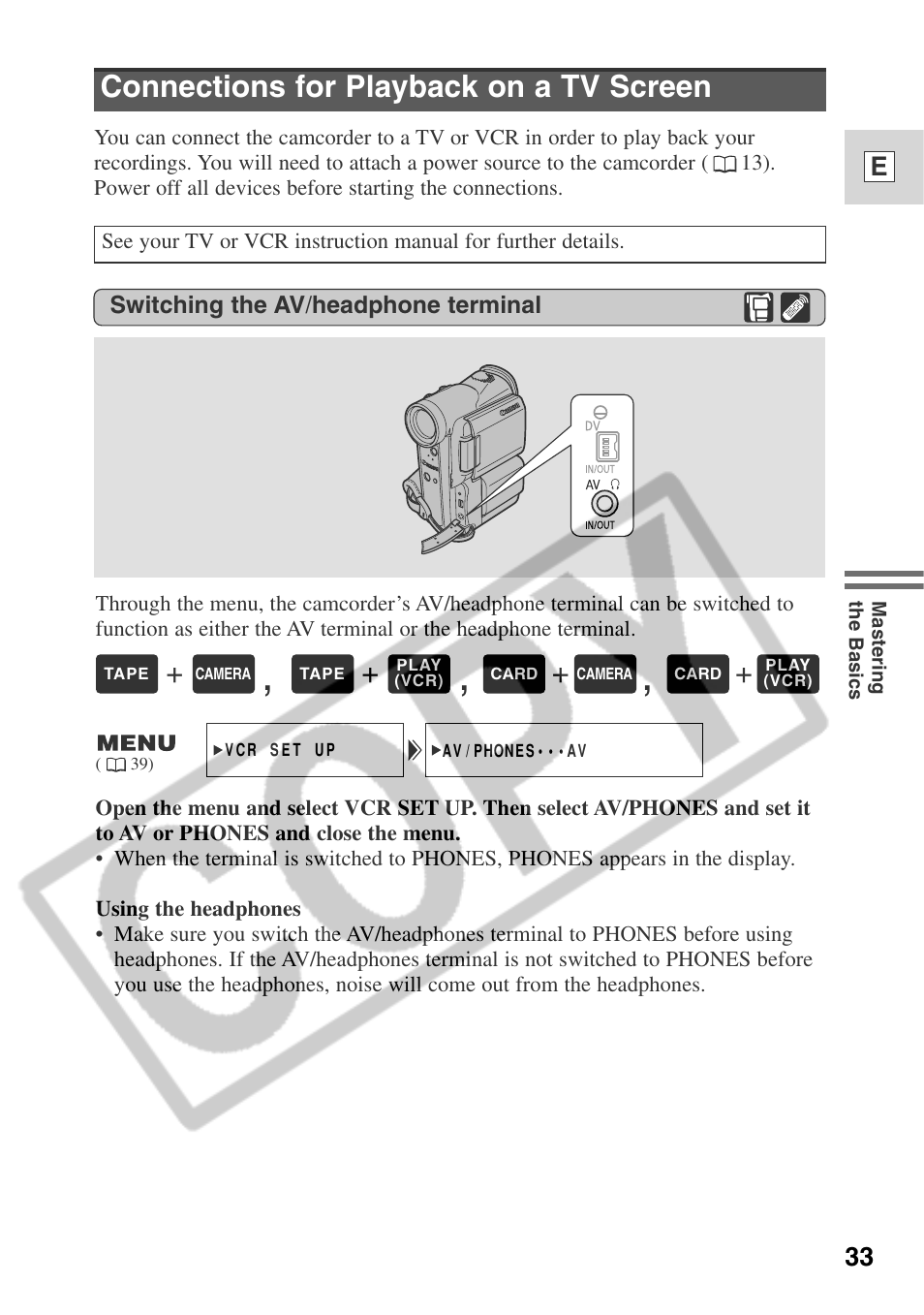 Connections for playback on a tv screen, 33 e | Canon ELURA 50 User Manual | Page 33 / 174