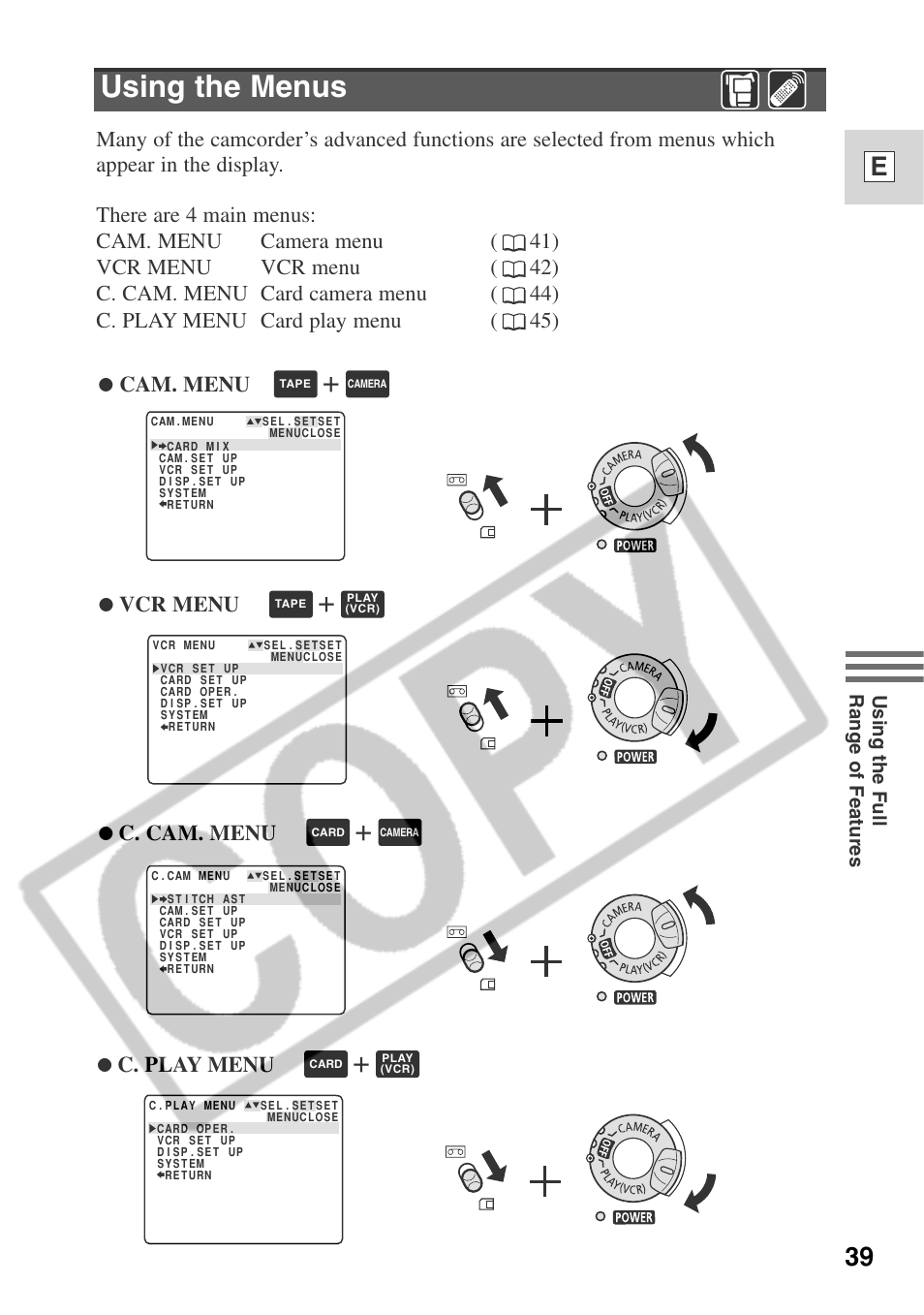 Using the menus, 39 e, Cam. menu | Vcr menu, C. cam. menu, C. play menu | Canon ELURA 50 User Manual | Page 39 / 174