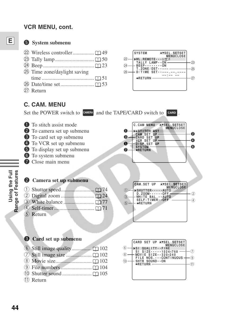 44 e, C. cam. menu, Vcr menu, cont | Canon ELURA 50 User Manual | Page 44 / 174