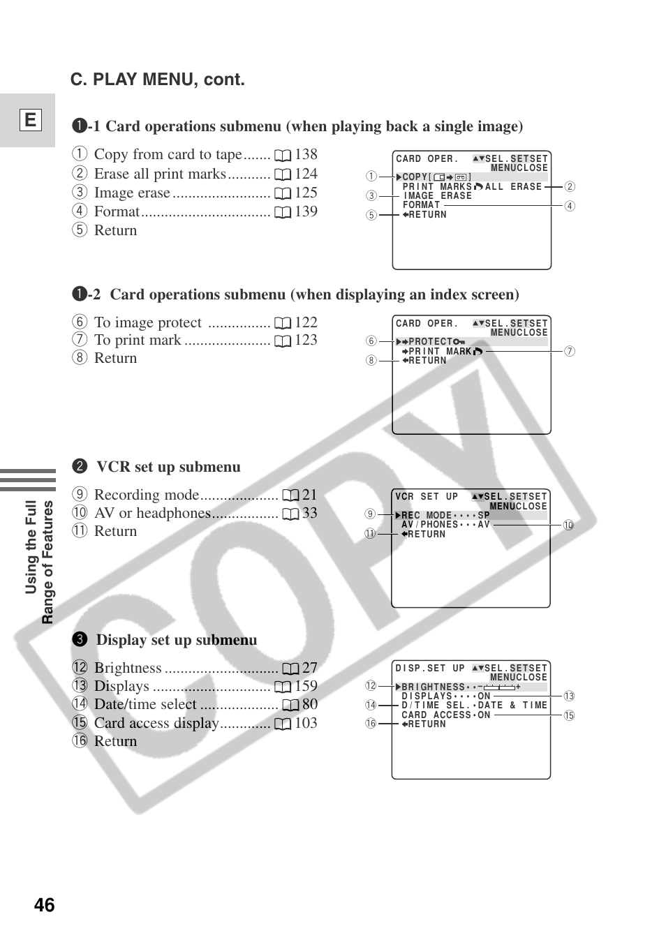 46 e, C. play menu, cont | Canon ELURA 50 User Manual | Page 46 / 174