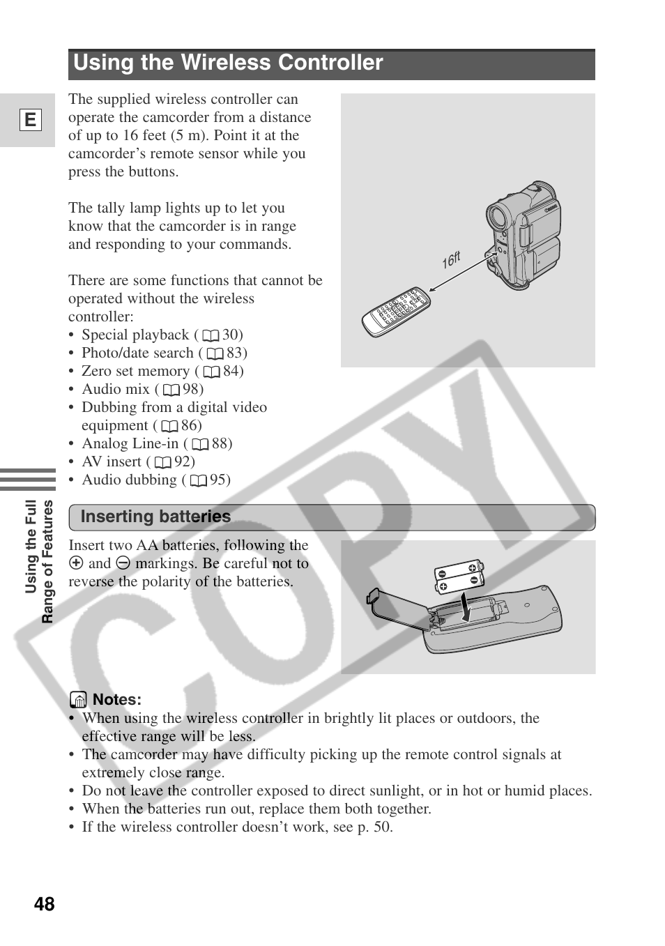 Using the wireless controller, 48 e | Canon ELURA 50 User Manual | Page 48 / 174