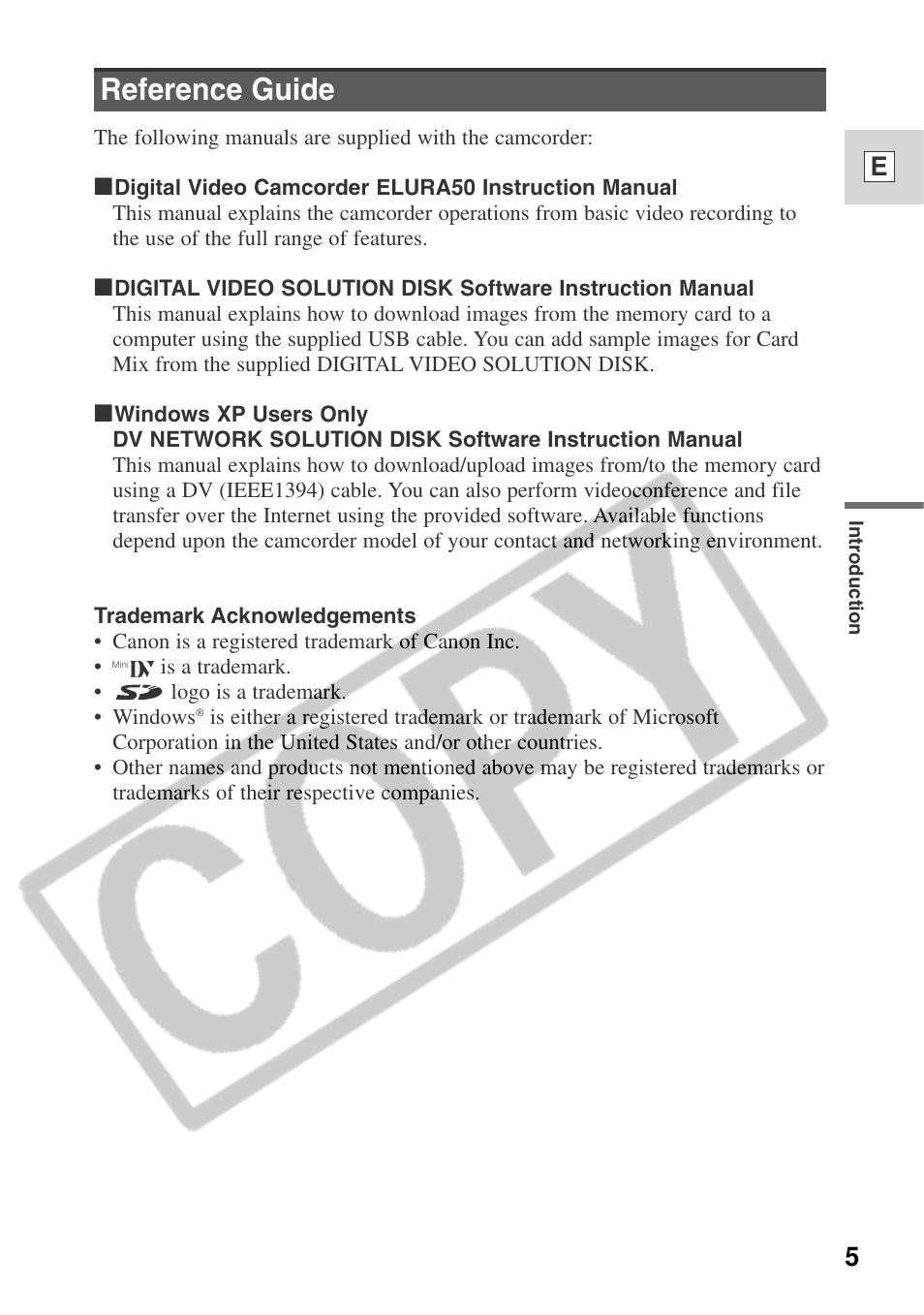 Reference guide | Canon ELURA 50 User Manual | Page 5 / 174