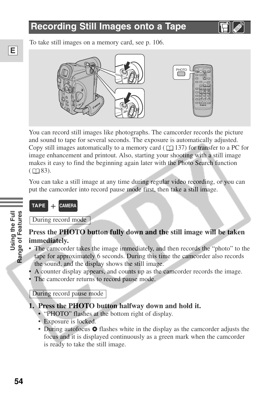 Recording still images onto a tape, 54 e | Canon ELURA 50 User Manual | Page 54 / 174