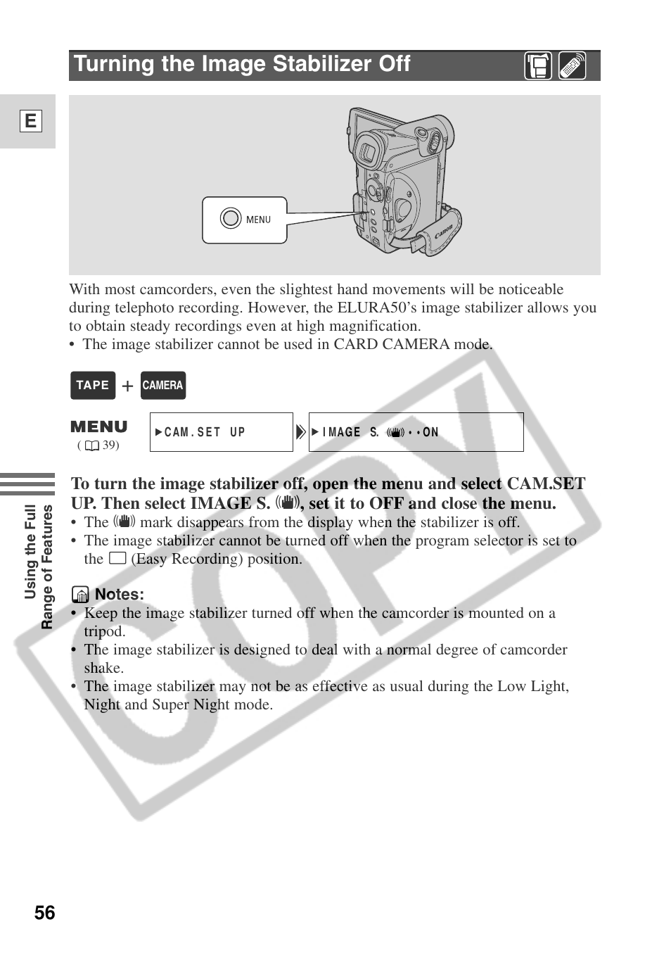 Turning the image stabilizer off, 56 e | Canon ELURA 50 User Manual | Page 56 / 174