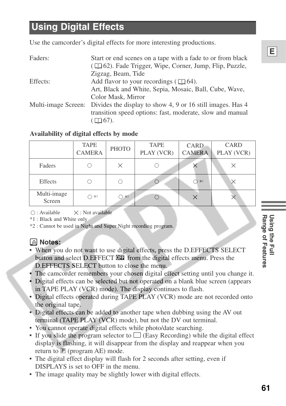 Using digital effects, 61 e | Canon ELURA 50 User Manual | Page 61 / 174