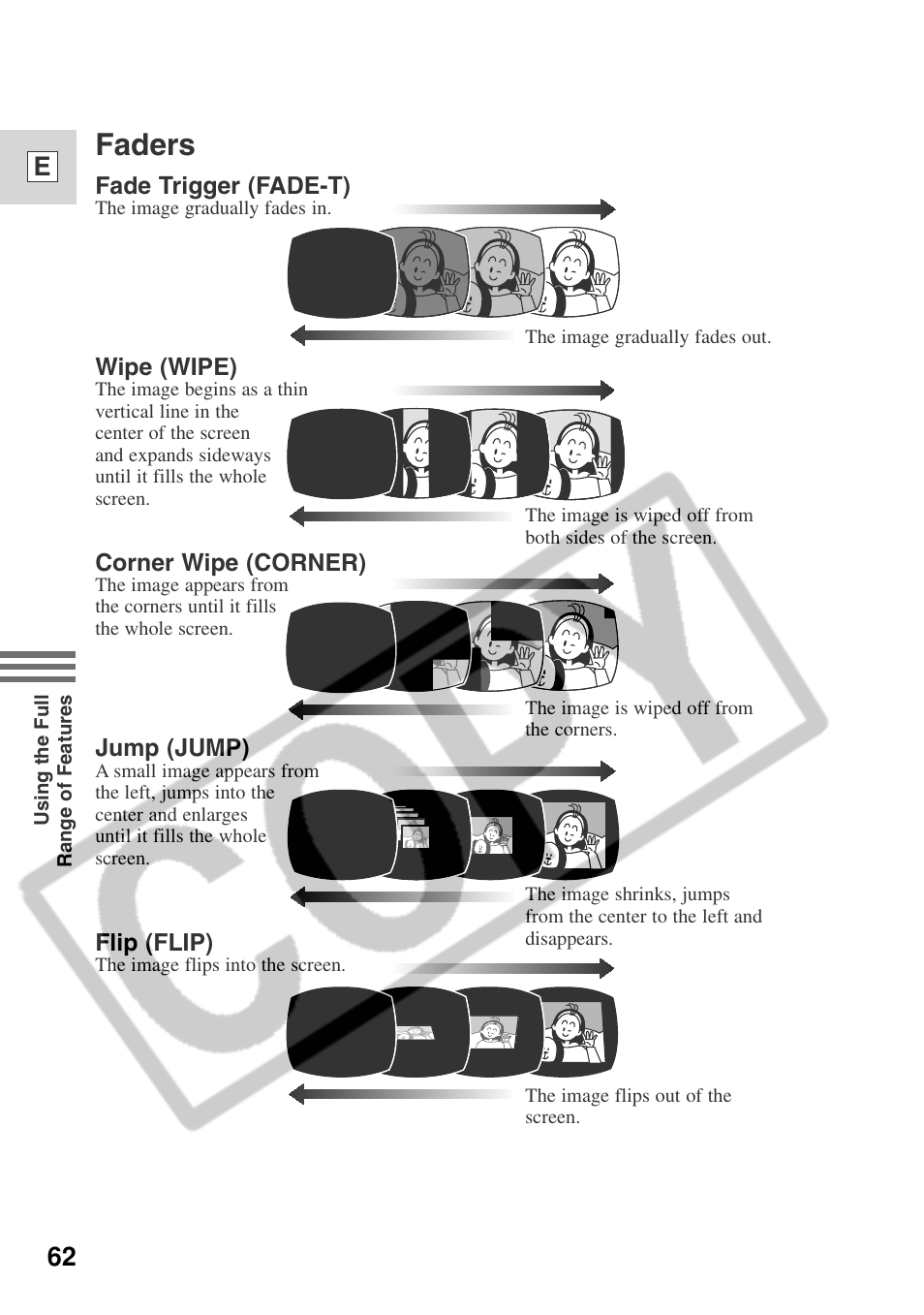 Faders, 62 e | Canon ELURA 50 User Manual | Page 62 / 174