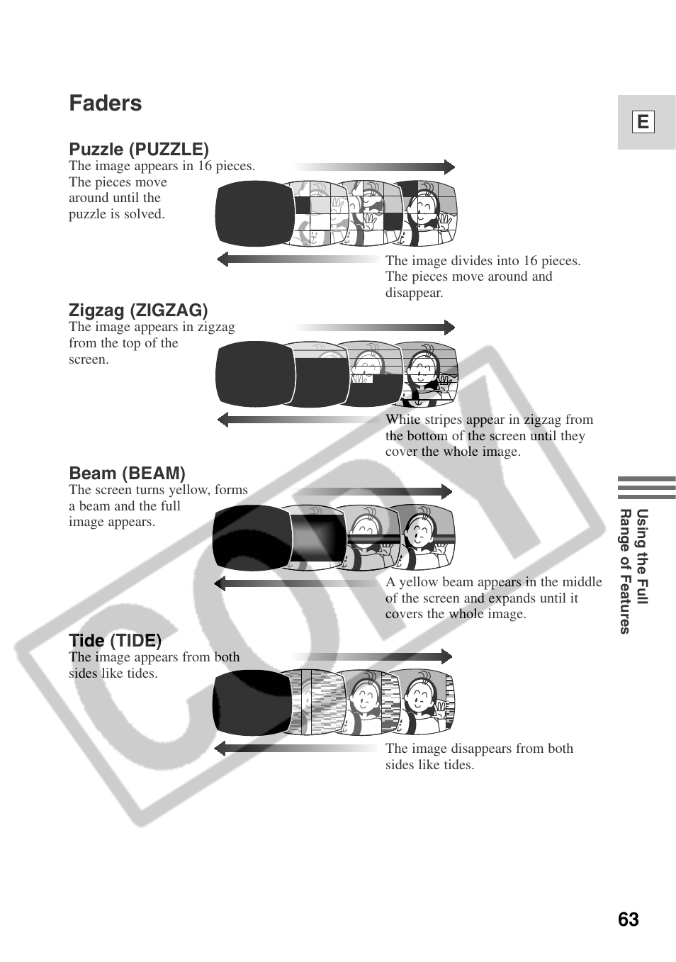 Faders, 63 e | Canon ELURA 50 User Manual | Page 63 / 174