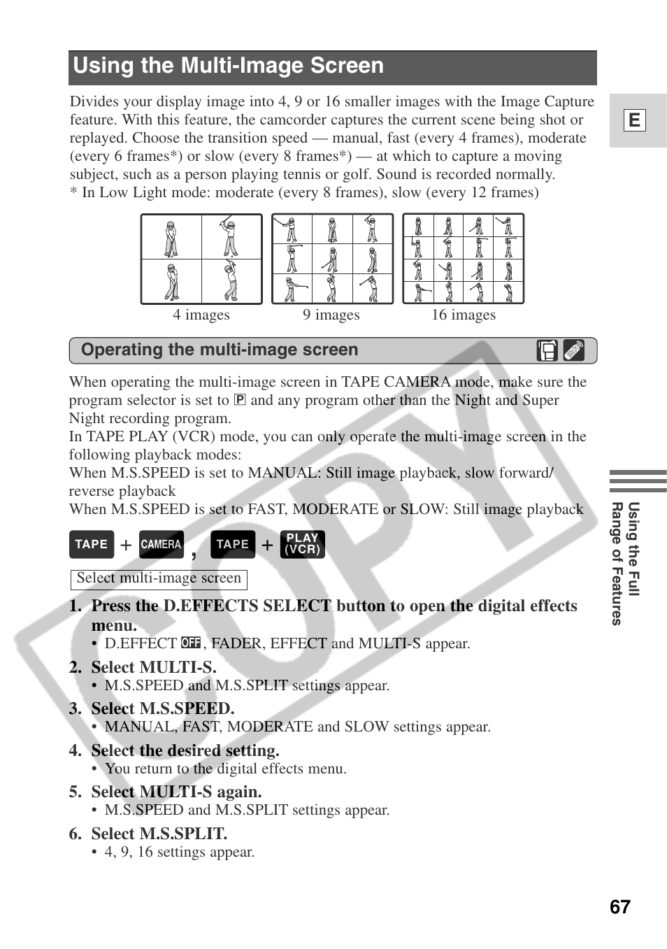Using the multi-image screen, 67 e | Canon ELURA 50 User Manual | Page 67 / 174