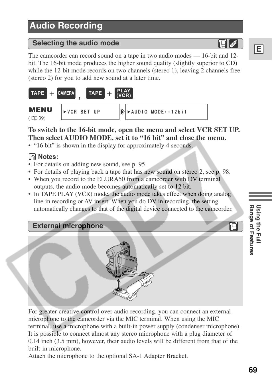 Audio recording, 69 e | Canon ELURA 50 User Manual | Page 69 / 174