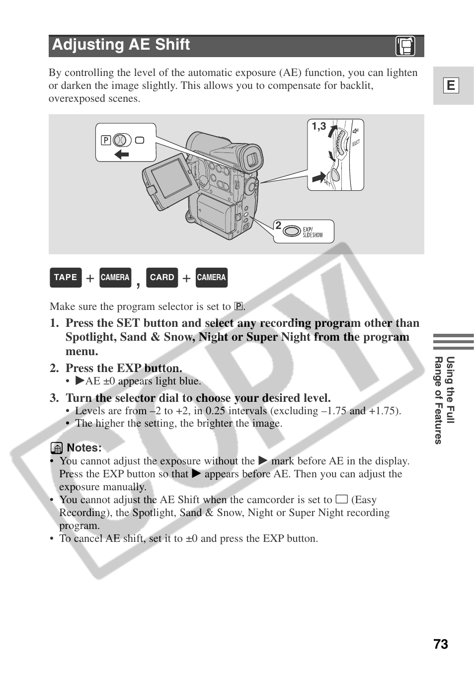 Adjusting ae shift, 73 e | Canon ELURA 50 User Manual | Page 73 / 174