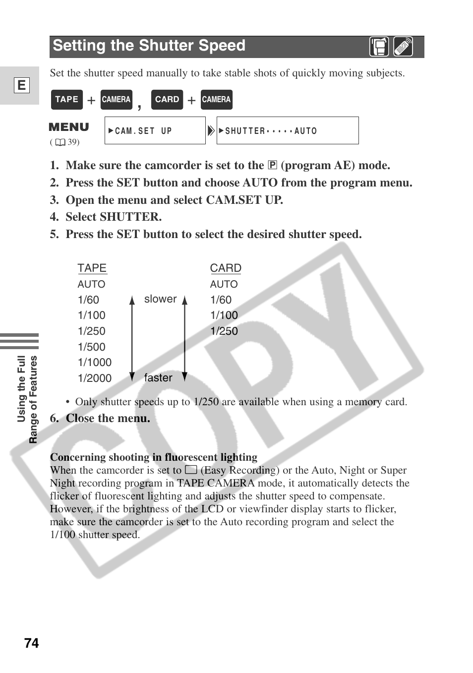 Setting the shutter speed, 74 e | Canon ELURA 50 User Manual | Page 74 / 174