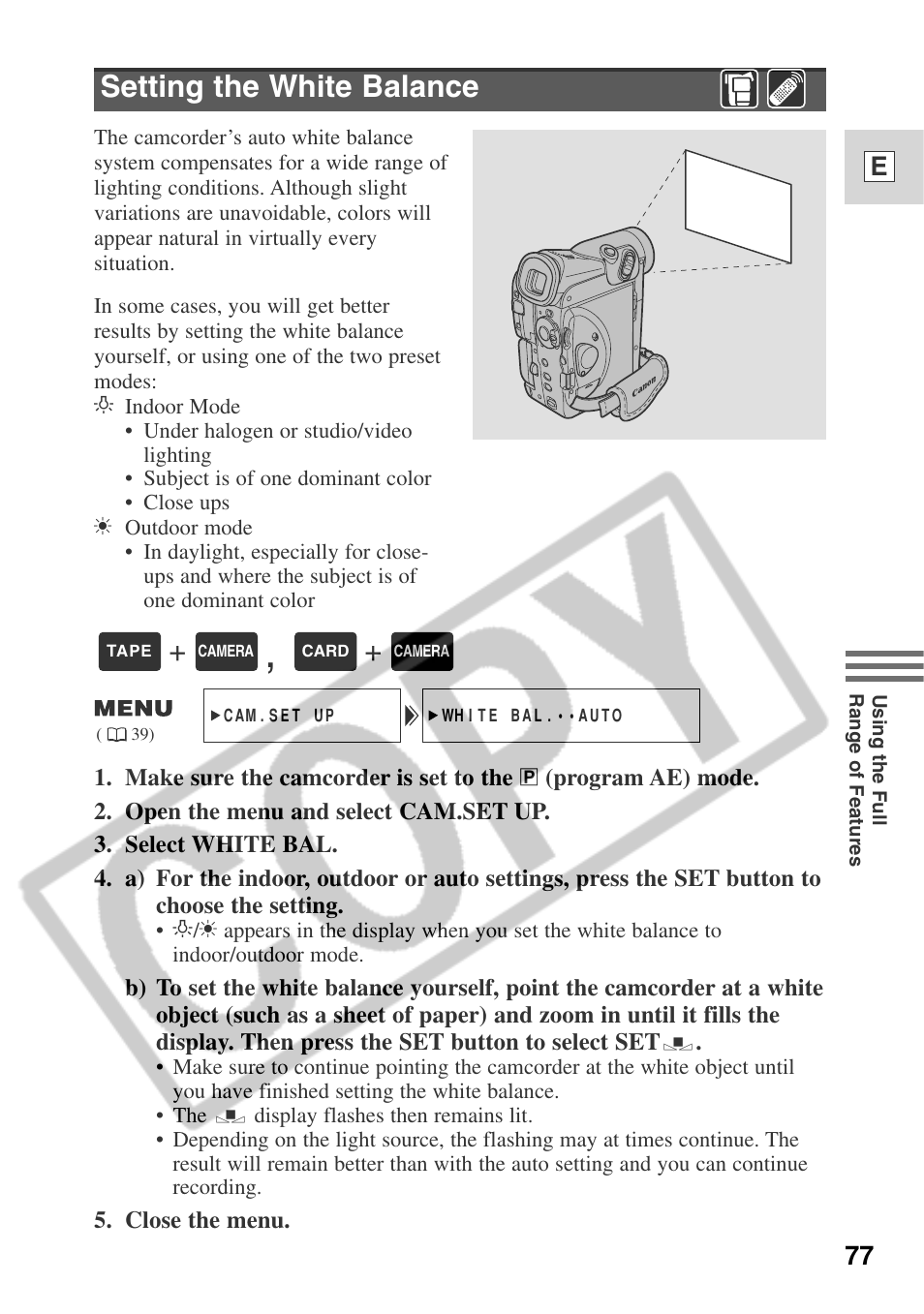 Setting the white balance, 77 e | Canon ELURA 50 User Manual | Page 77 / 174
