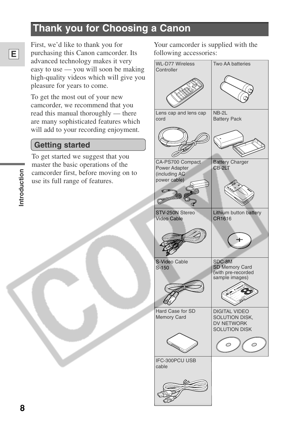 Getting started | Canon ELURA 50 User Manual | Page 8 / 174