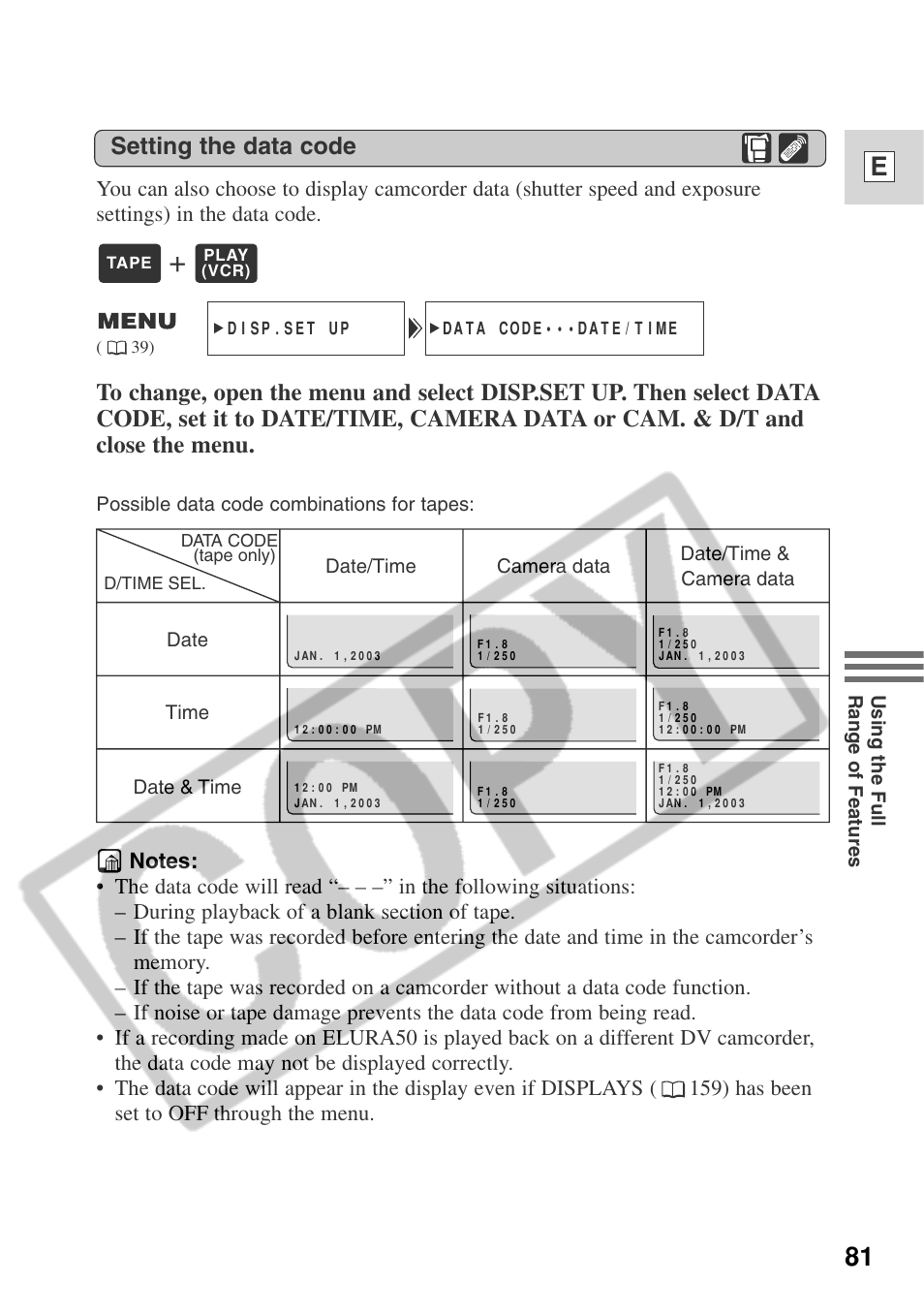 81 e, Setting the data code | Canon ELURA 50 User Manual | Page 81 / 174
