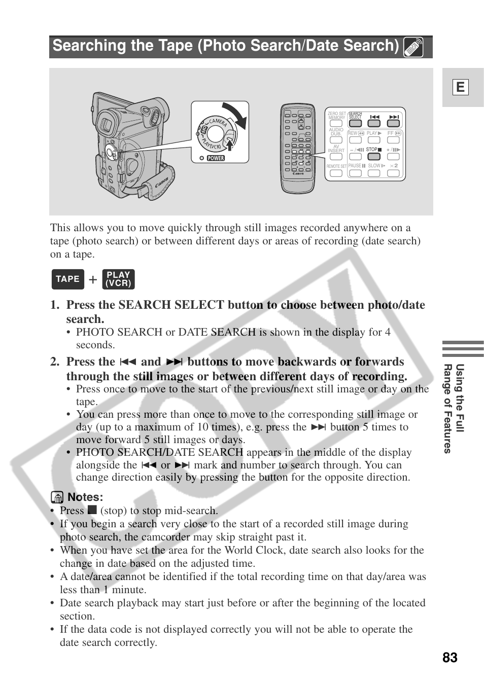 Searching the tape (photo search/date search), 83 e | Canon ELURA 50 User Manual | Page 83 / 174