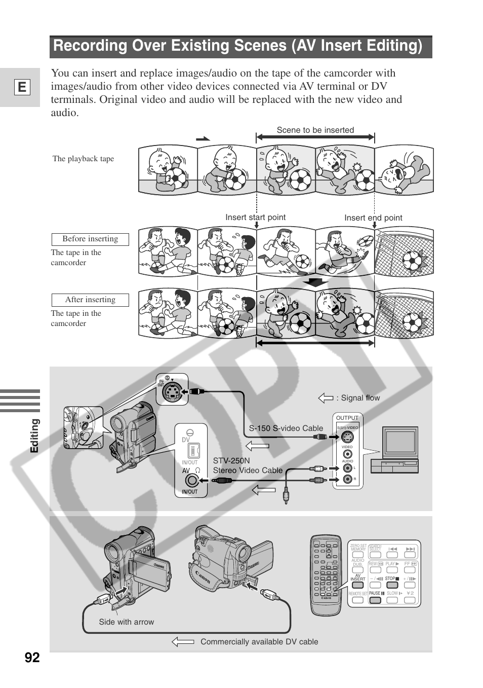 Recording over existing scenes (av insert editing), 92 e, Editing | Canon ELURA 50 User Manual | Page 92 / 174