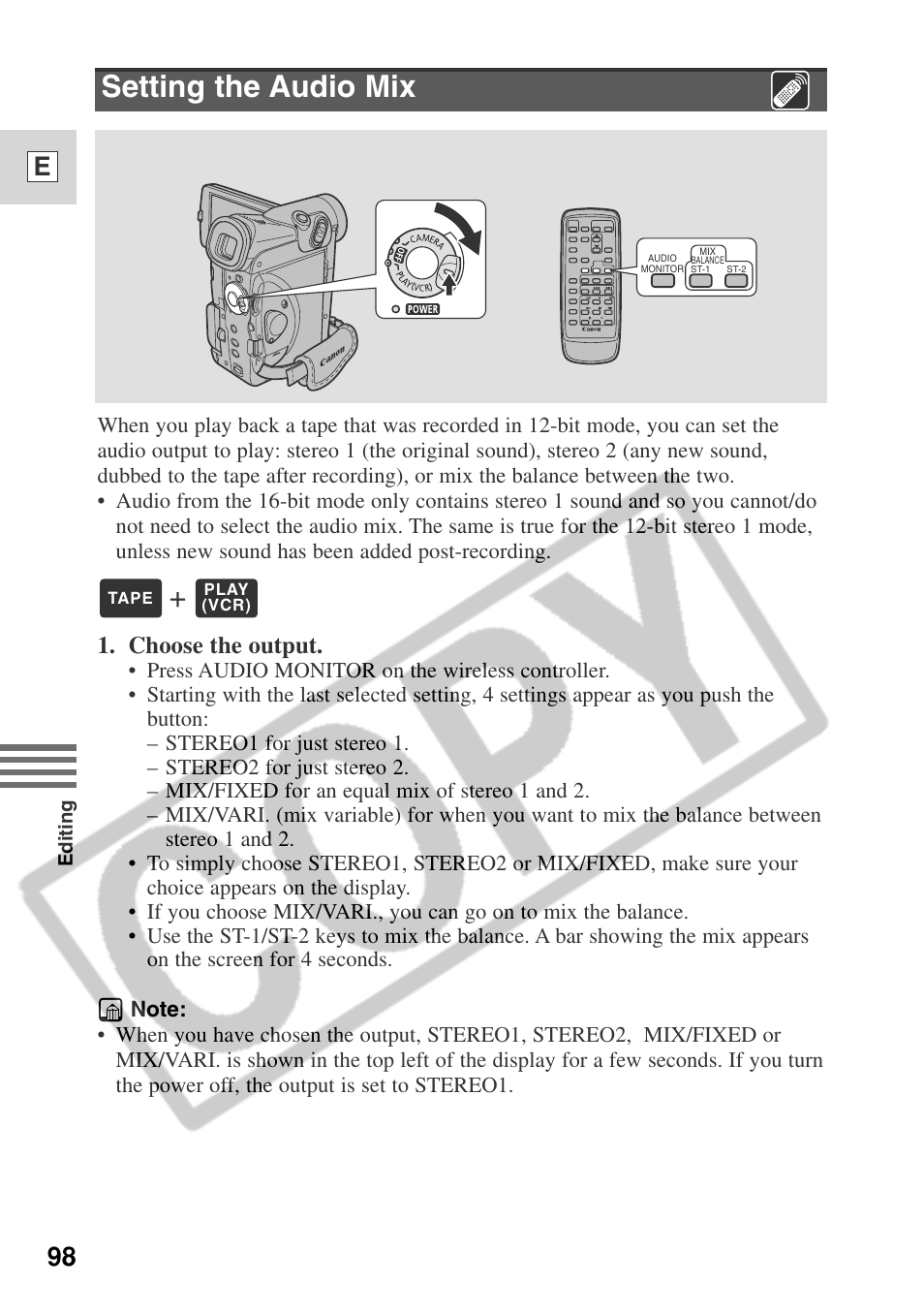 Setting the audio mix, 98 e, Choose the output | Canon ELURA 50 User Manual | Page 98 / 174