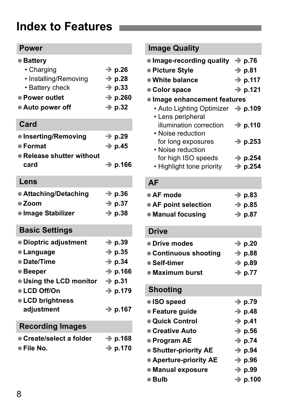 Index to features | Canon EOS 600D User Manual | Page 8 / 328