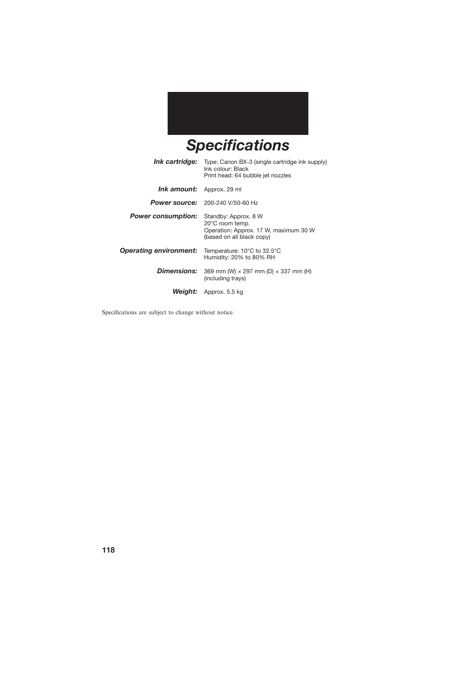 Specifications | Canon B155 User Manual | Page 130 / 140