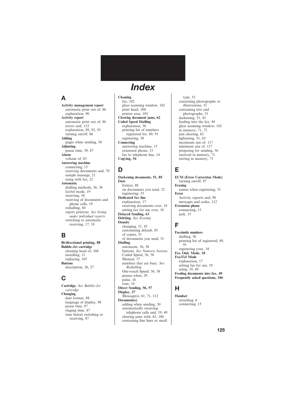 Index | Canon B155 User Manual | Page 137 / 140