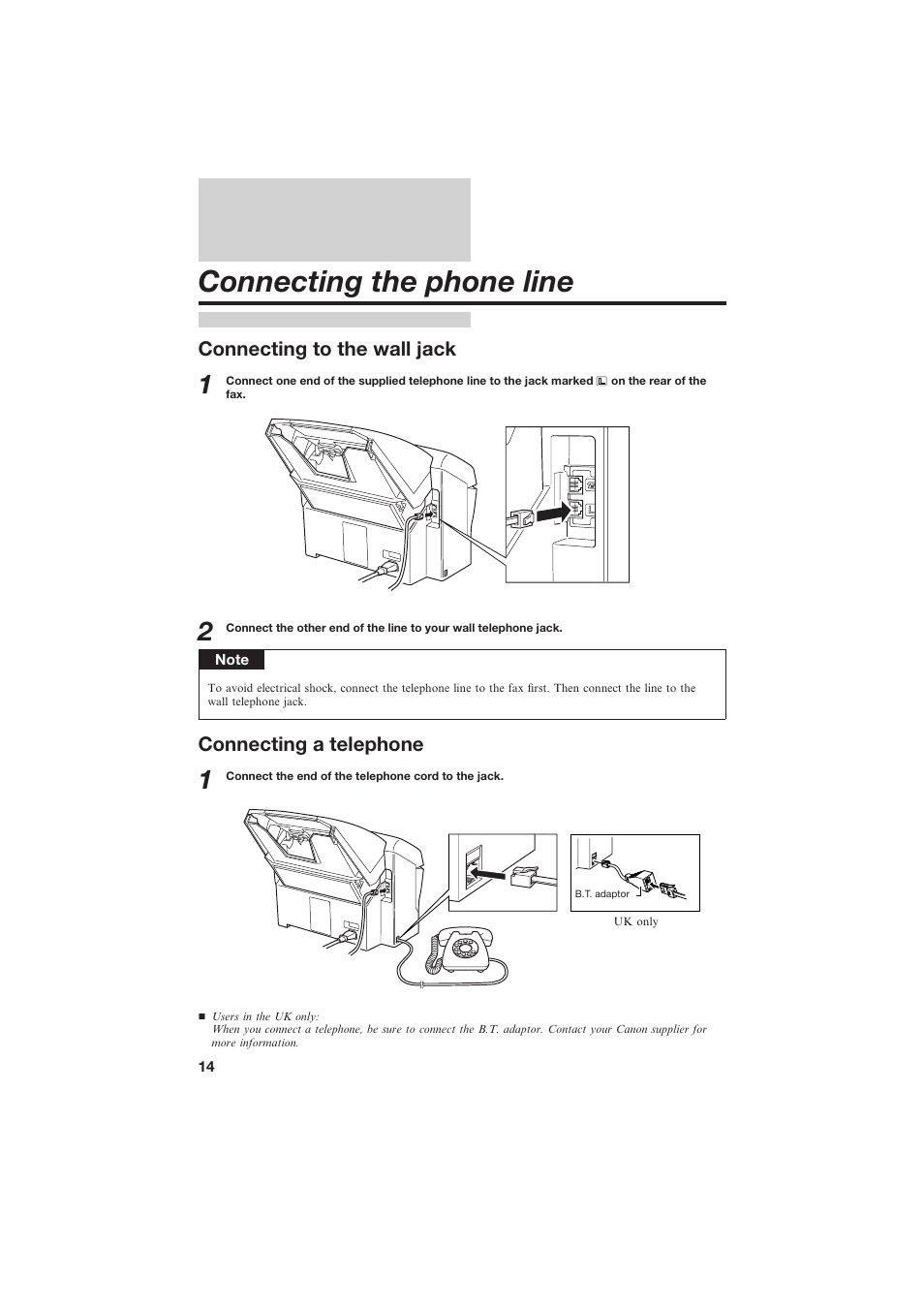 Connecting the phone line, Connecting to the wall jack, Connecting a telephone | Canon B155 User Manual | Page 26 / 140