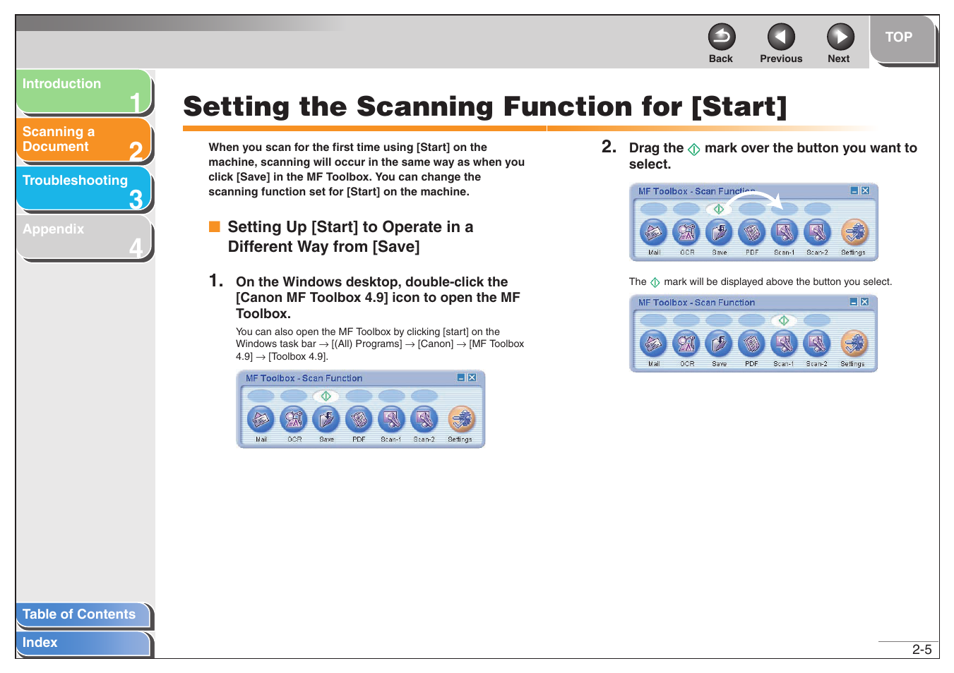 Setting the scanning function for [start, Setting the scanning function for [start] -5, Next | Canon MF6500 User Manual | Page 19 / 80