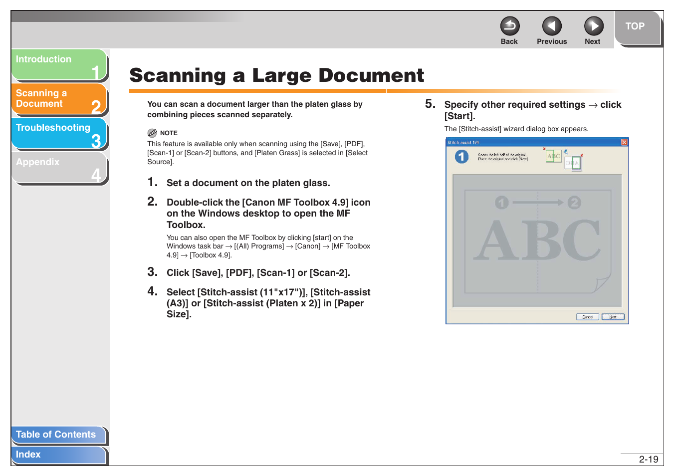 Scanning a large document, Scanning a large document -19, See “scanning a large document,” on p. 2-19) | Next | Canon MF6500 User Manual | Page 33 / 80