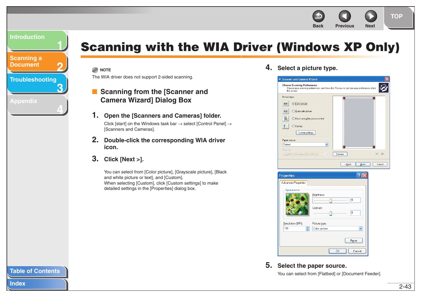 Scanning with the wia driver (windows xp only), Scanning with the wia driver (windows xp only) -43, Next | Canon MF6500 User Manual | Page 57 / 80