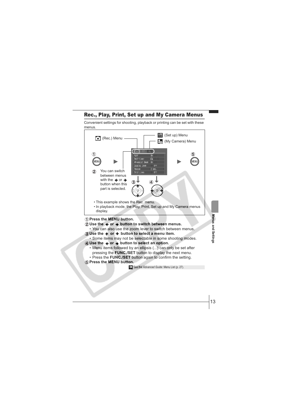 Rec., play, print, set up and my camera menus | Canon IXUS 60 User Manual | Page 15 / 27