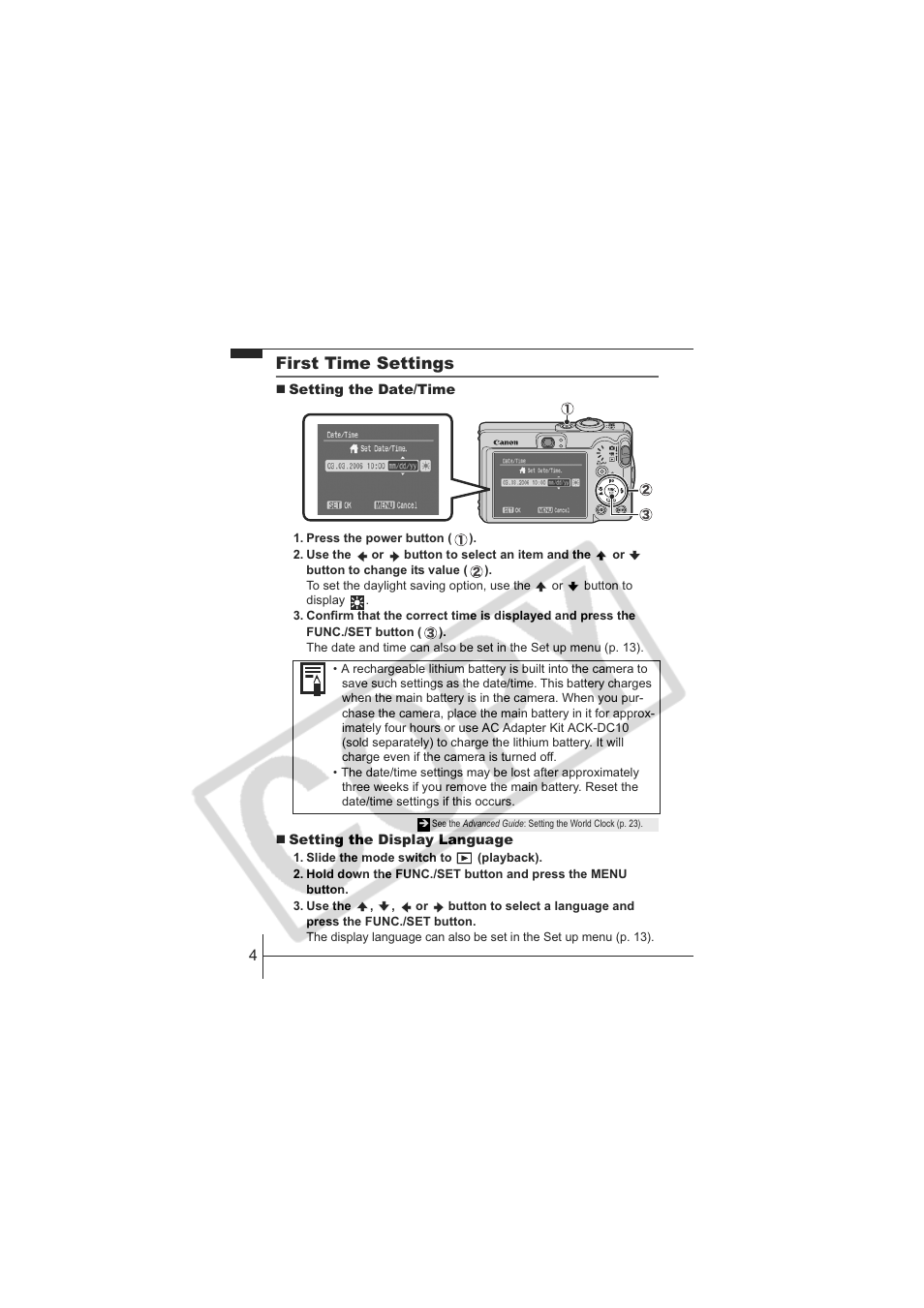 First time settings | Canon IXUS 60 User Manual | Page 6 / 27