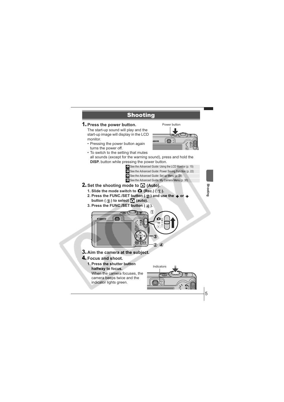 Shooting | Canon IXUS 60 User Manual | Page 7 / 27