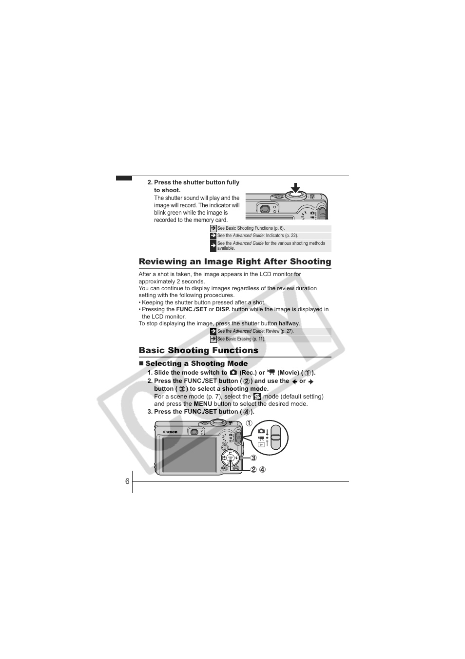 Reviewing an image right after shooting, Basic shooting functions | Canon IXUS 60 User Manual | Page 8 / 27