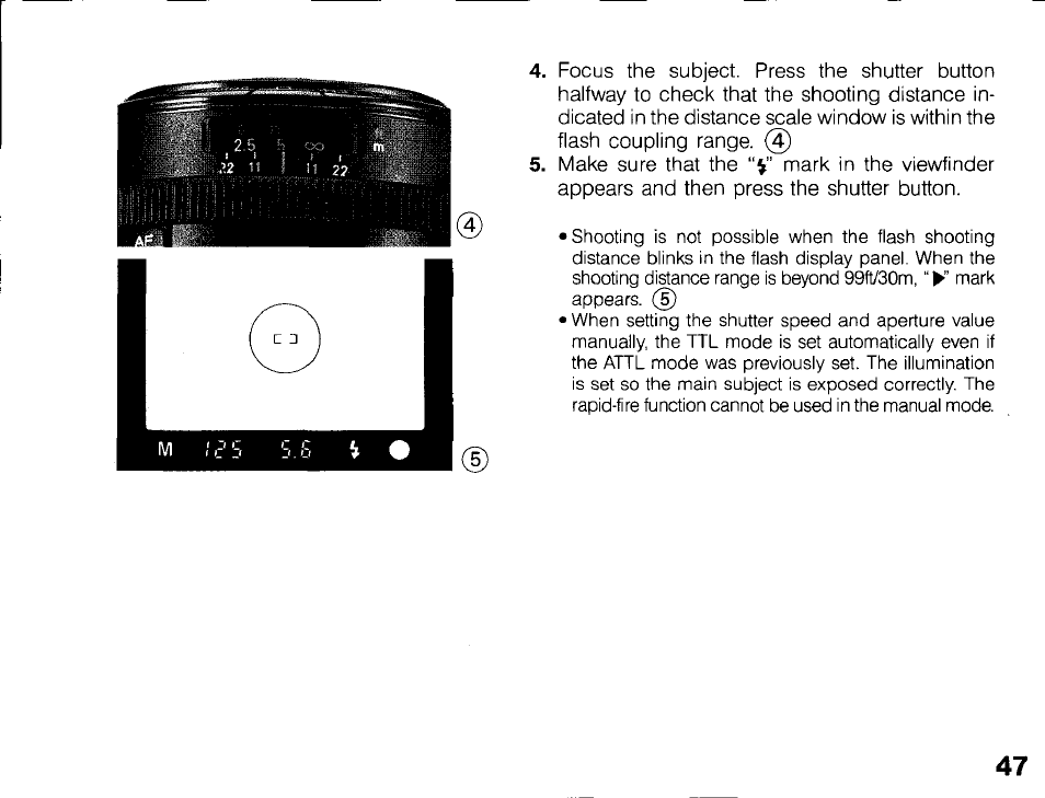 The shutter speed and the aperture values blink | Canon 430 EZ User Manual | Page 47 / 153