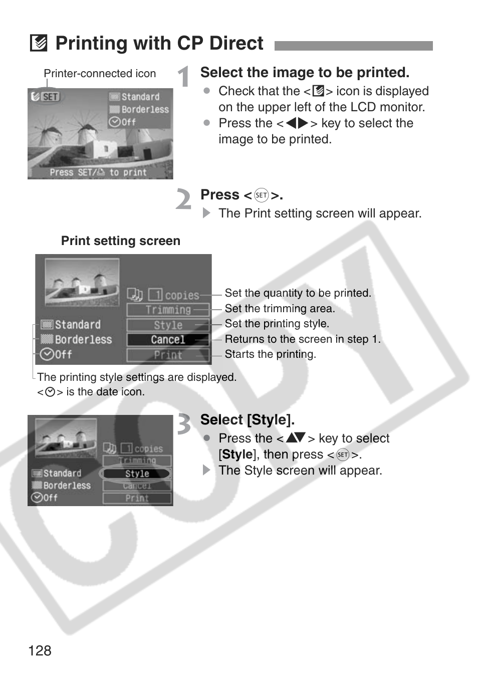 A printing with cp direct | Canon EOS Rebel XT User Manual | Page 128 / 172