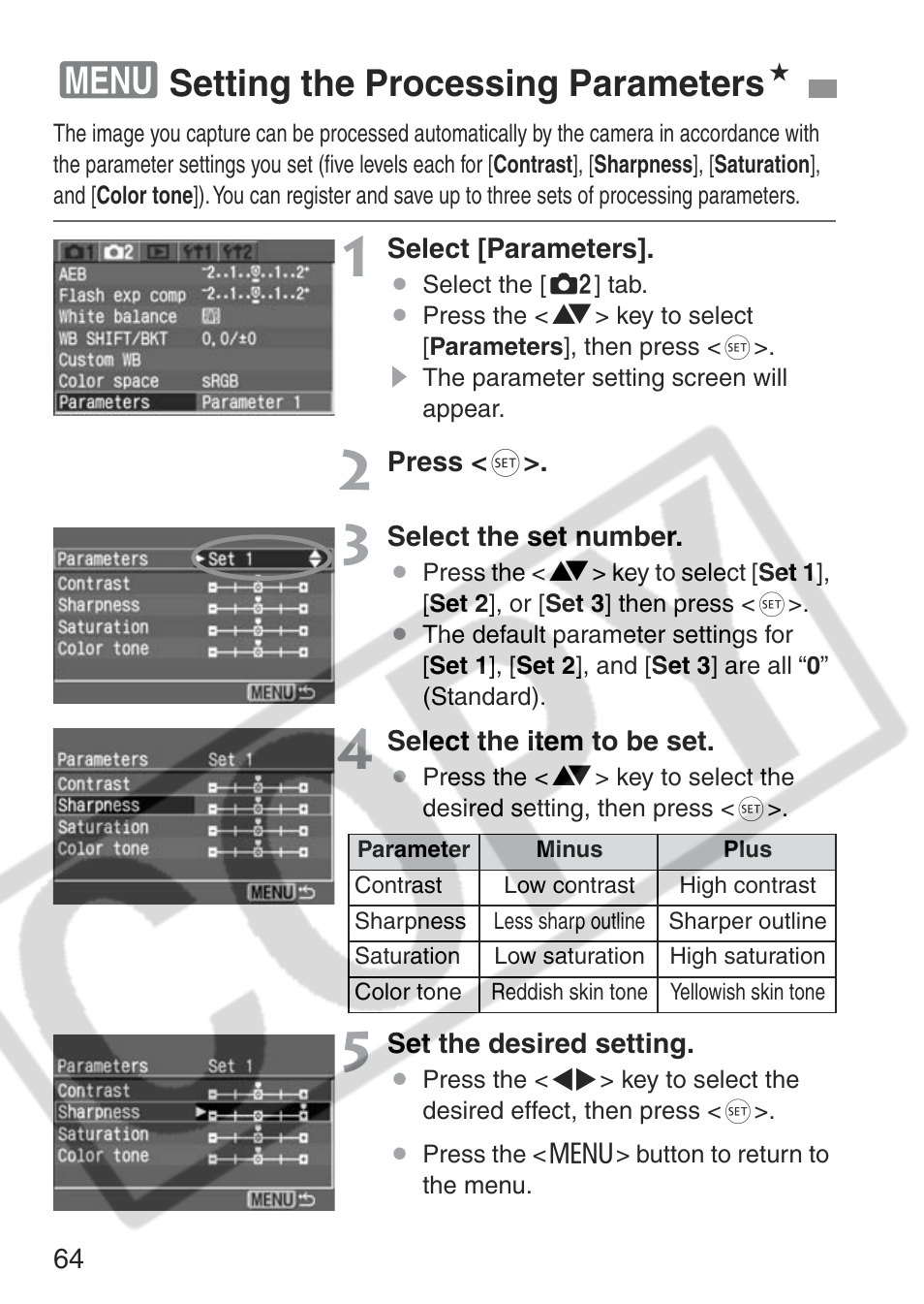 Setting the processing parameters n | Canon EOS Rebel XT User Manual | Page 64 / 172