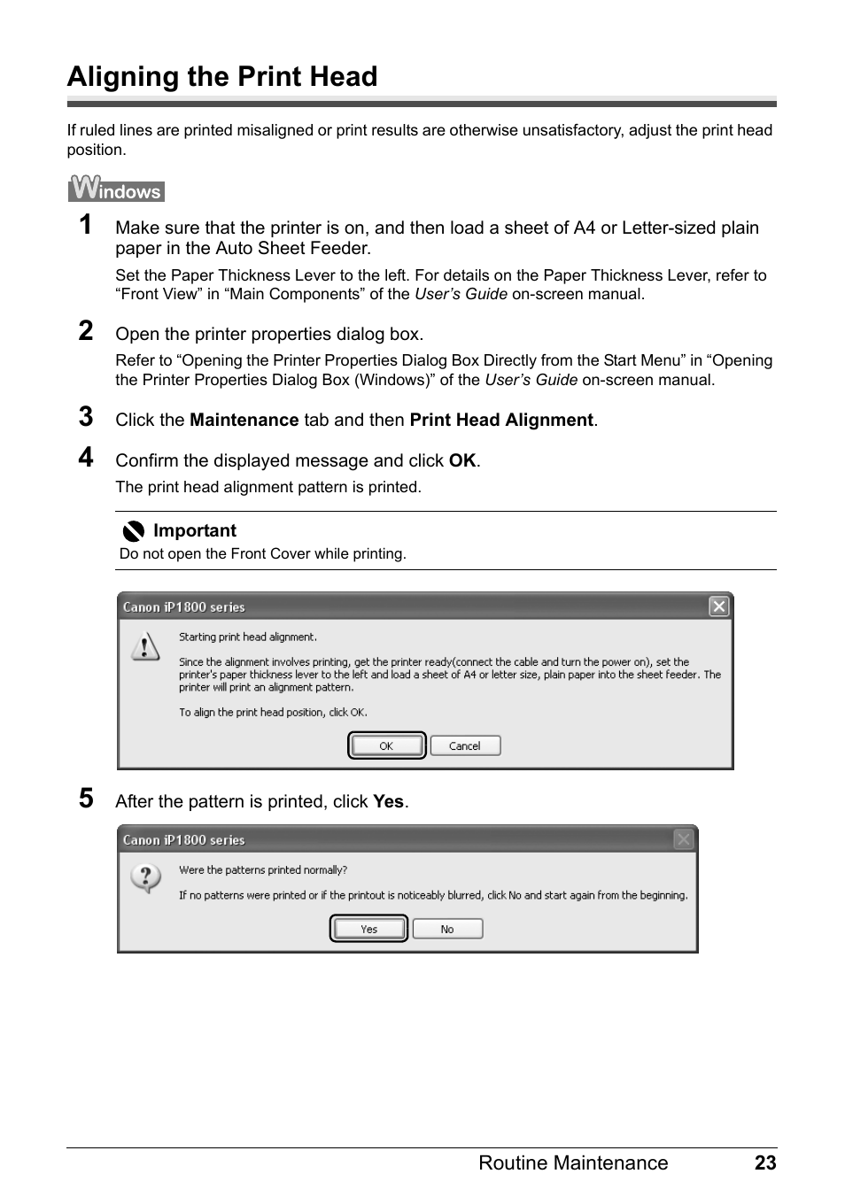 Aligning the print head | Canon iP1800 Series User Manual | Page 27 / 72