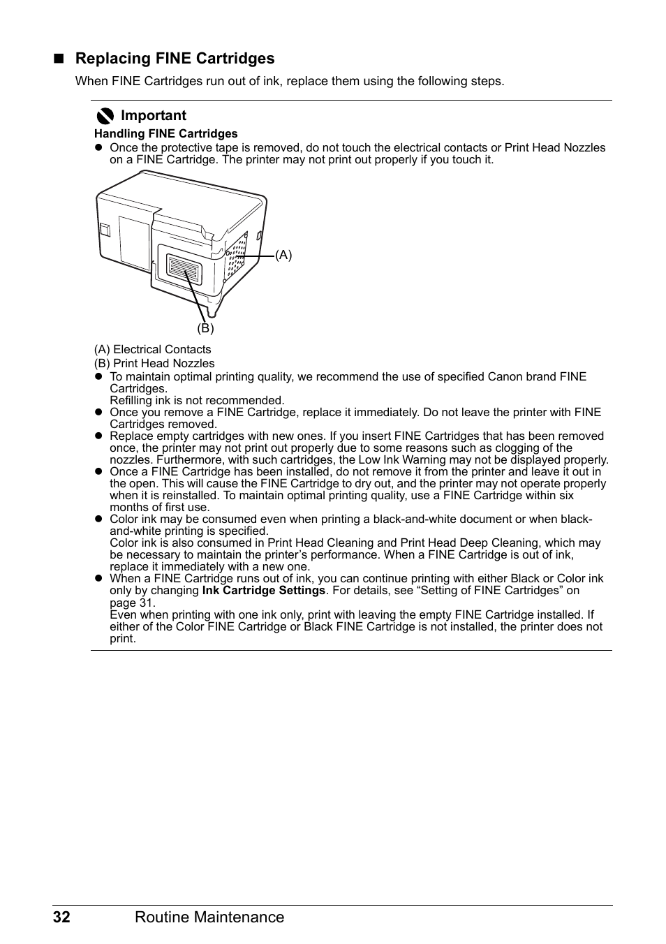 32 routine maintenance  replacing fine cartridges | Canon iP1800 Series User Manual | Page 36 / 72
