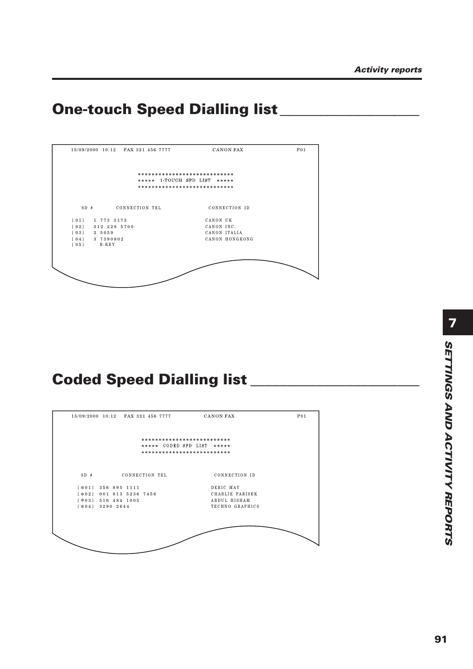 Coded speed dialling list, One-touch speed dialling list, Settings and activity repor ts | Activity reports | Canon FAX-B155 User Manual | Page 103 / 141