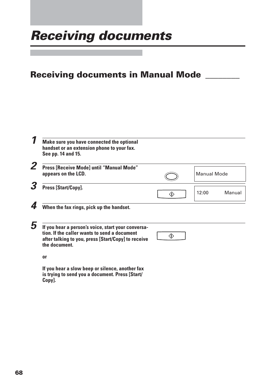 Receiving documents, Receiving documents in manual mode | Canon FAX-B155 User Manual | Page 80 / 141