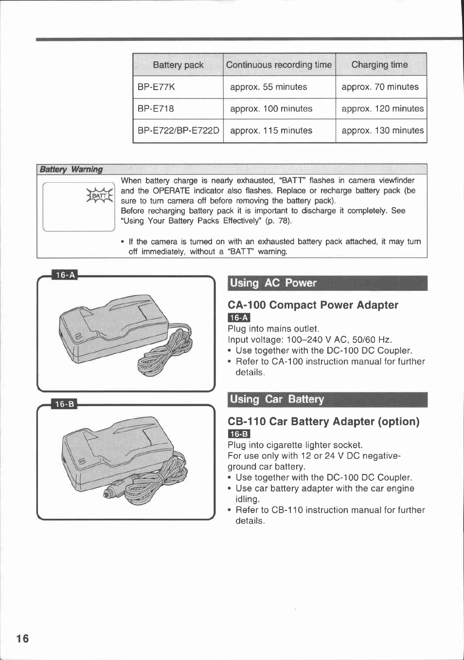 Using ac power, Ca-100 compact power adapter, Using car battery | Cb-110 car battery adapter (option), Using ac power using car battery | Canon E 430 User Manual | Page 18 / 86