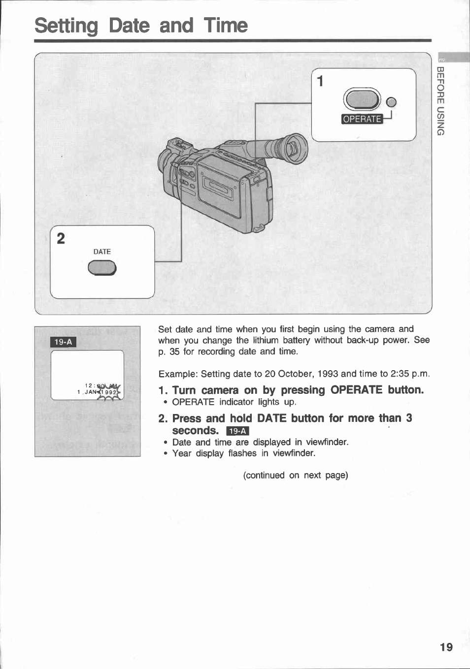 Setting date and time, Turn camera on by pressing operate button, Eeel | Canon E 430 User Manual | Page 21 / 86