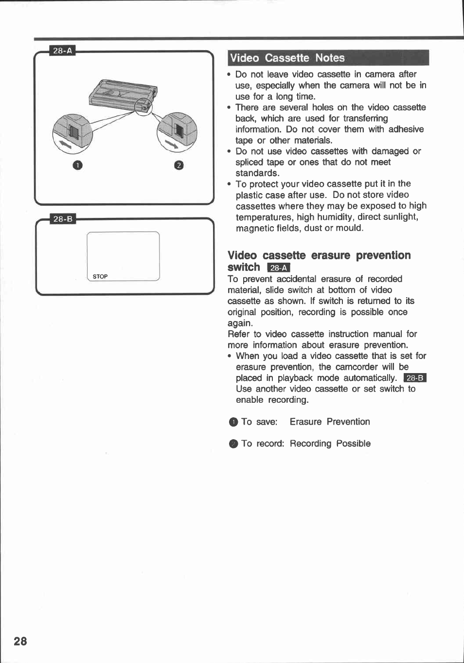 Video cassette erasure prevention switch | Canon E 430 User Manual | Page 30 / 86