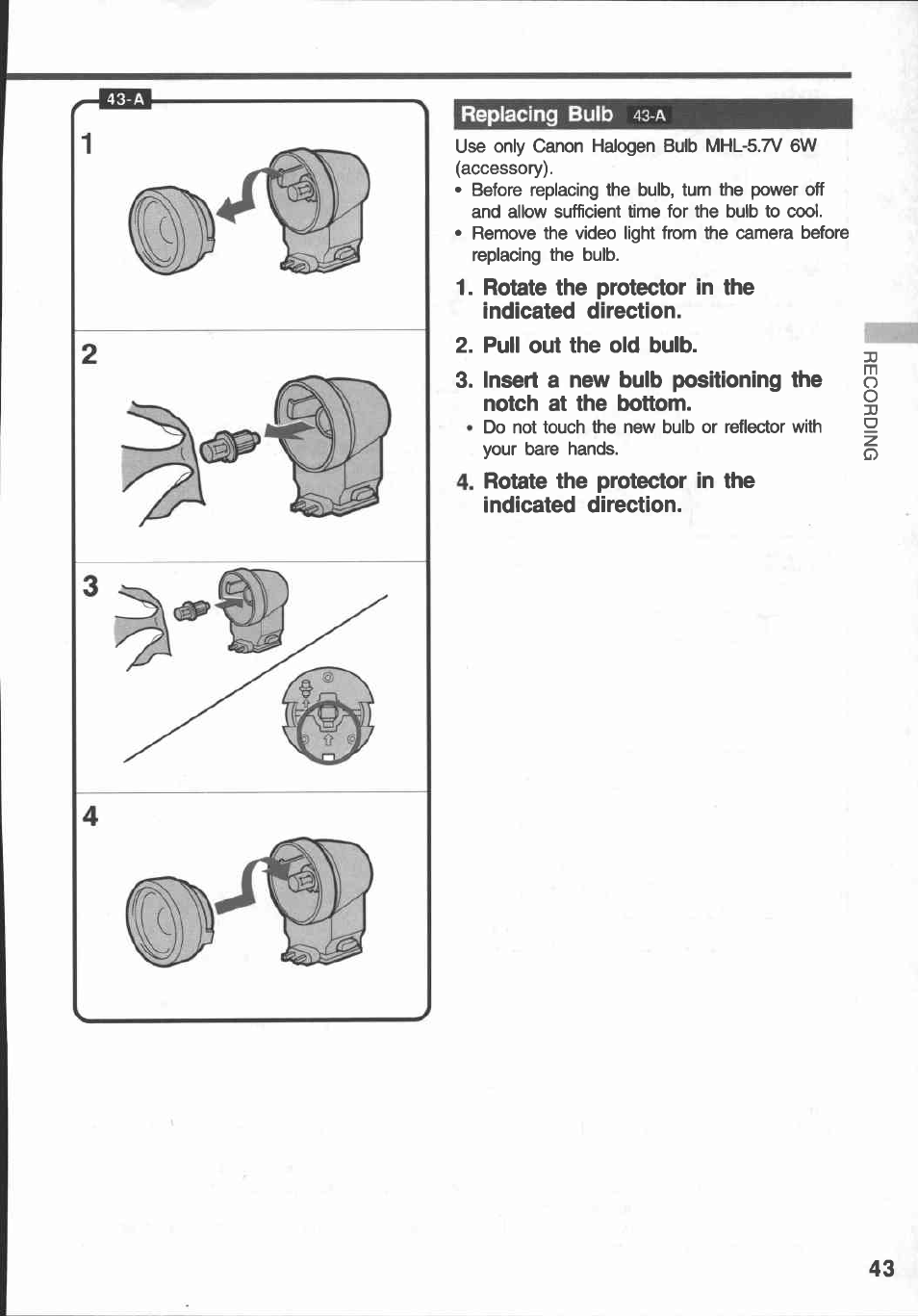 Replacing bulb, Rotate the protector in the indicated direction, Puil out the old bulb | Replacing bulb oo | Canon E 430 User Manual | Page 45 / 86