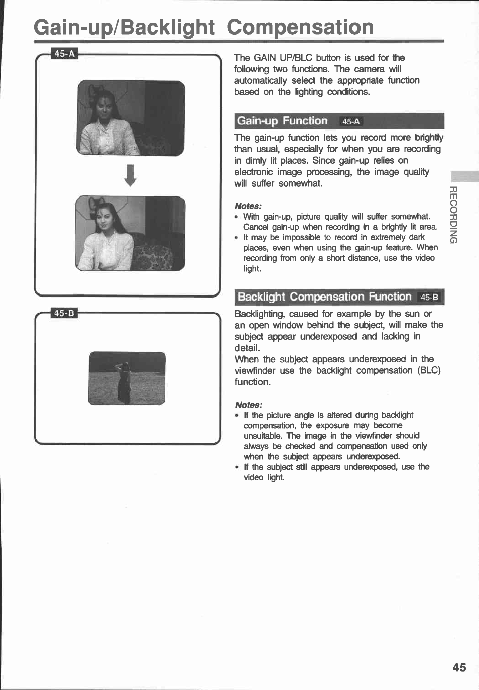 Gain-up/backlight compensation, Gain-up function 45-a, Backlight compensation function 45-b | Gain-up function § backlight compensation function | Canon E 430 User Manual | Page 47 / 86