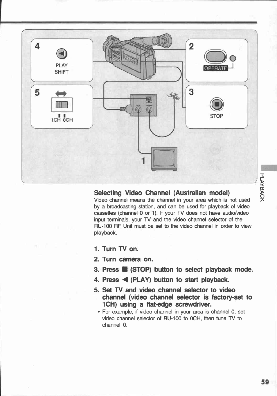 Selecting video channei (australian model), Turn tv on, Turn camera on | Press ■ (stop) button to select playback mode, Press -4 (play) button to start playback | Canon E 430 User Manual | Page 61 / 86